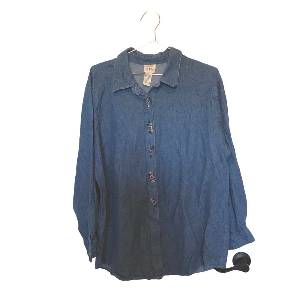 Vintage Koret blues western denim button down embroidered flower jean shirt